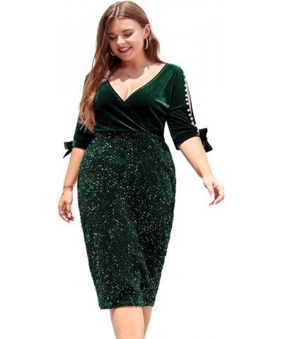 Women Plus Size Bodycon Pencil Midi Dress Stretchy Sequin Wrap V Neck Half Sleeve Velvet Party Dress 1X-5X Green $30.59 Dresses