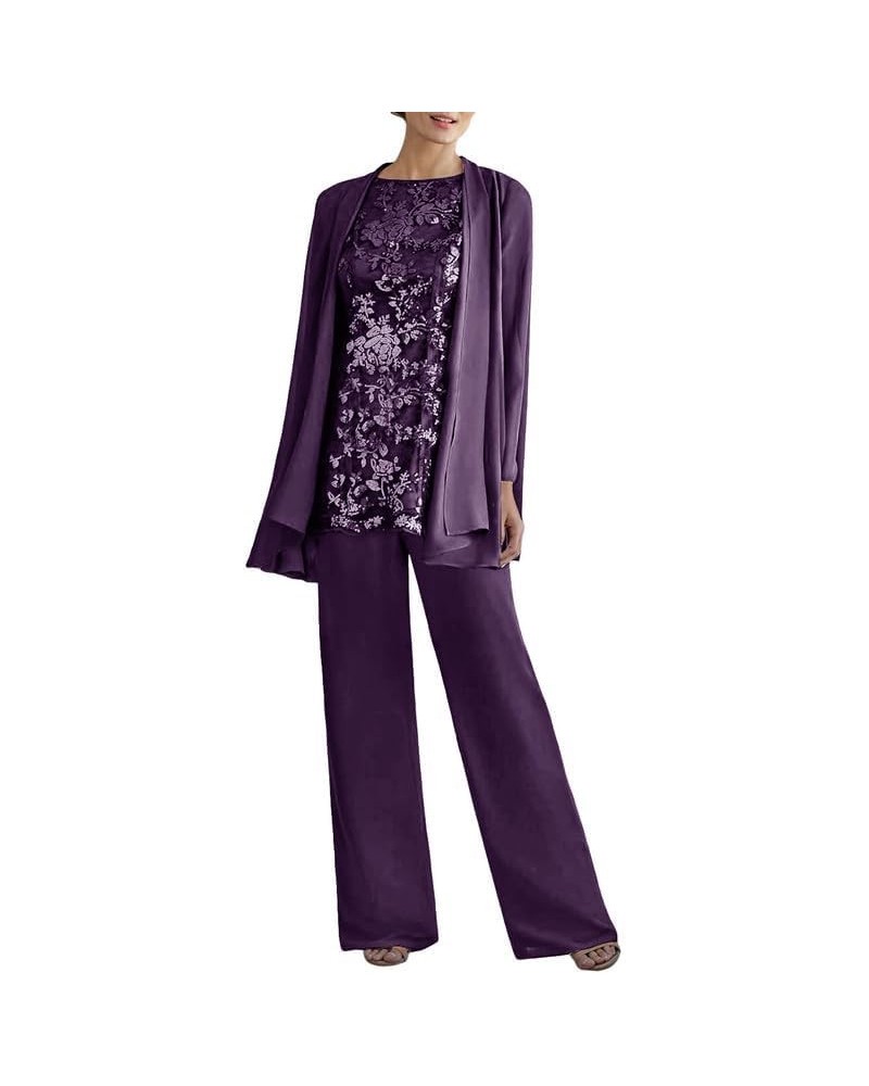 3PC Mother of The Bride Pantsuits Chiffon Outfit Grandmother Wedding Guest Groom Evening Formal Dresses with Jacket Purple $3...