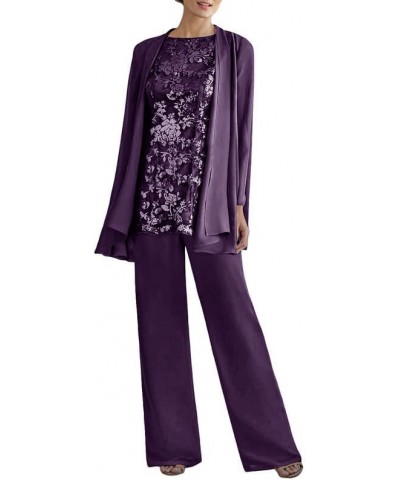 3PC Mother of The Bride Pantsuits Chiffon Outfit Grandmother Wedding Guest Groom Evening Formal Dresses with Jacket Purple $3...