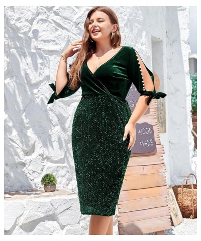 Women Plus Size Bodycon Pencil Midi Dress Stretchy Sequin Wrap V Neck Half Sleeve Velvet Party Dress 1X-5X Green $30.59 Dresses