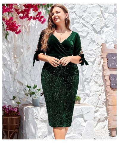 Women Plus Size Bodycon Pencil Midi Dress Stretchy Sequin Wrap V Neck Half Sleeve Velvet Party Dress 1X-5X Green $30.59 Dresses