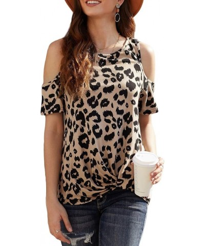 Women’s Cold Shoulder Shirt Short Sleeve Round Neck T-Shirt Knot Twist Tee Blouse Casual Tops for Women Leopard Brown $11.50 ...