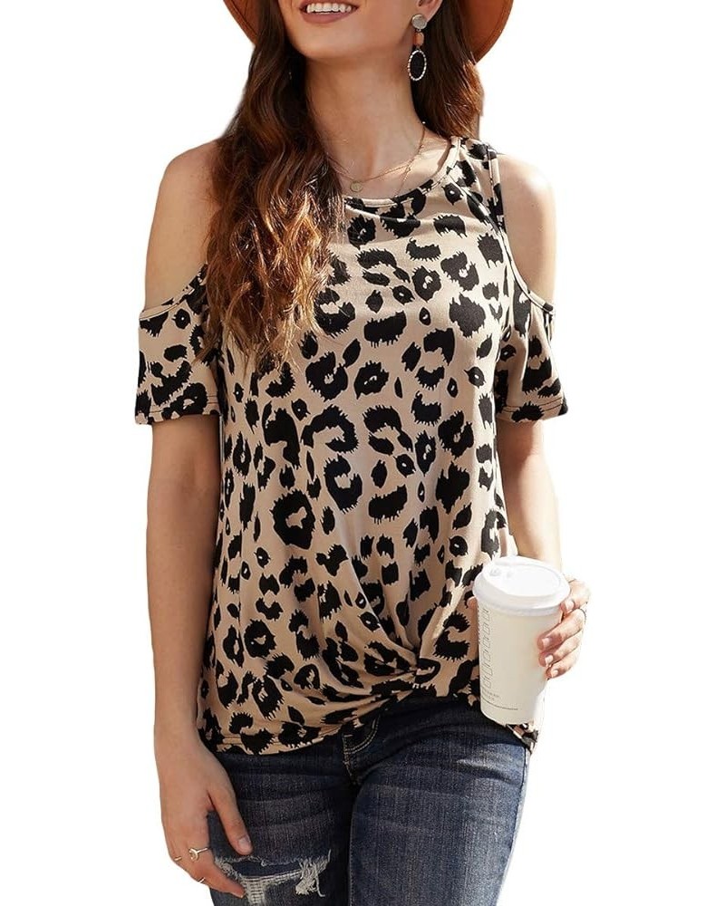 Women’s Cold Shoulder Shirt Short Sleeve Round Neck T-Shirt Knot Twist Tee Blouse Casual Tops for Women Leopard Brown $11.50 ...