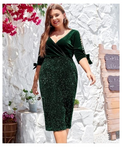 Women Plus Size Bodycon Pencil Midi Dress Stretchy Sequin Wrap V Neck Half Sleeve Velvet Party Dress 1X-5X Green $30.59 Dresses