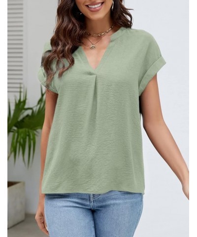 Business Casual Tops for Women Cap Sleeve Notched V Neck Blouse Work Loose Fit Shirts Light Green $12.47 Blouses