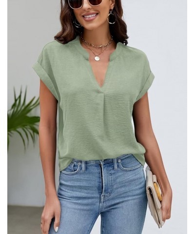 Business Casual Tops for Women Cap Sleeve Notched V Neck Blouse Work Loose Fit Shirts Light Green $12.47 Blouses