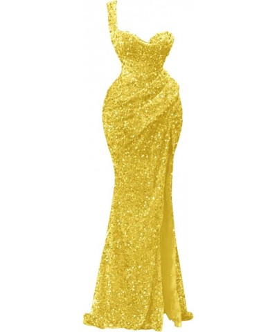 One Shoulder Sequin Prom Dresses 2024 Sparkly Mermaid Slit Evening Party Gowns for Women Formal Yellow $37.40 Dresses