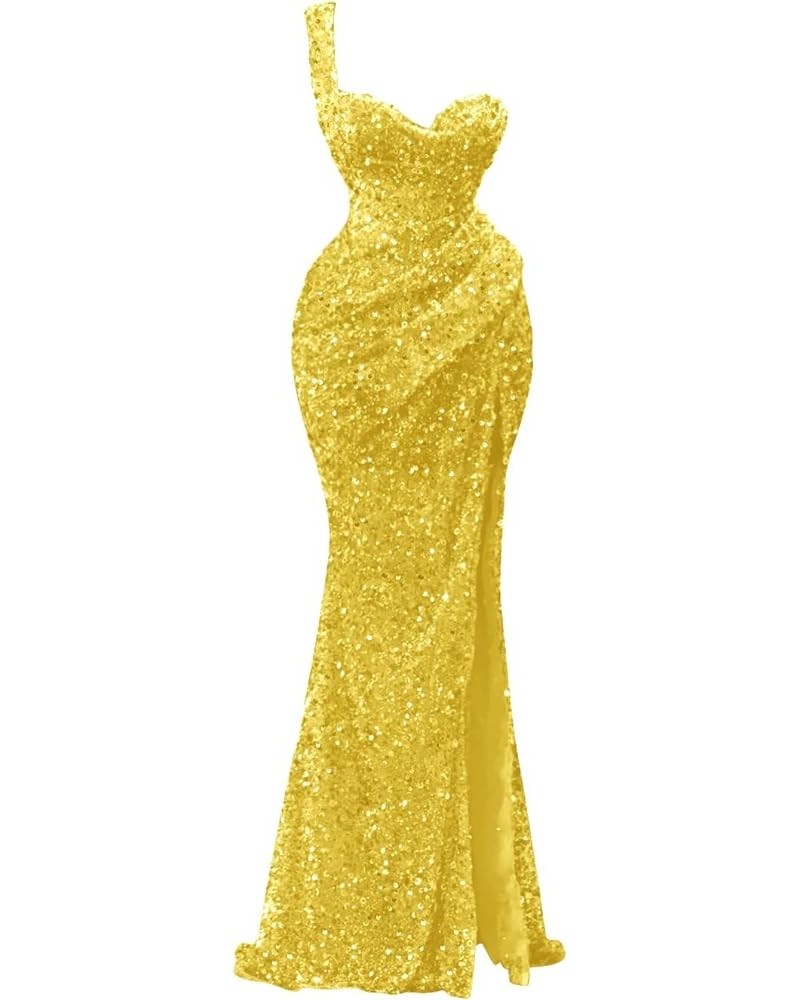 One Shoulder Sequin Prom Dresses 2024 Sparkly Mermaid Slit Evening Party Gowns for Women Formal Yellow $37.40 Dresses