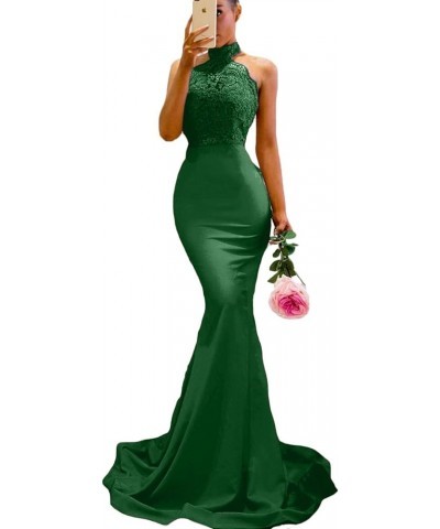 Bridesmaid Dresses Satin Lace Appliques Halter Neckline Backless Long Mermaid Prom Dress Evening Party Gown Emerald Green $36...