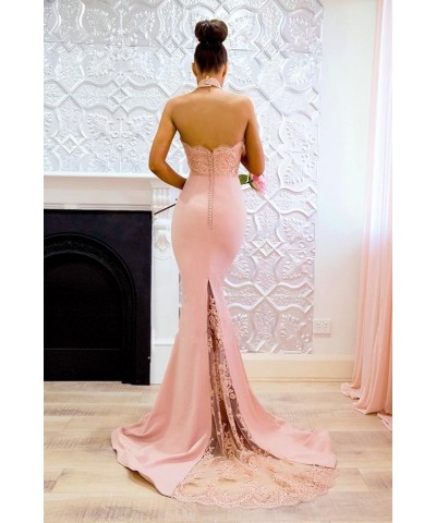 Bridesmaid Dresses Satin Lace Appliques Halter Neckline Backless Long Mermaid Prom Dress Evening Party Gown Emerald Green $36...