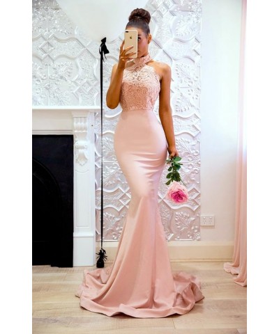 Bridesmaid Dresses Satin Lace Appliques Halter Neckline Backless Long Mermaid Prom Dress Evening Party Gown Emerald Green $36...