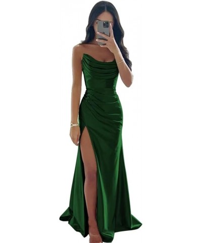 Strapless Satin Prom Dresses 2024 Cowl Neck Formal Dresses Mermaid Evening Party Gown with Slit Emerald Green $32.66 Dresses