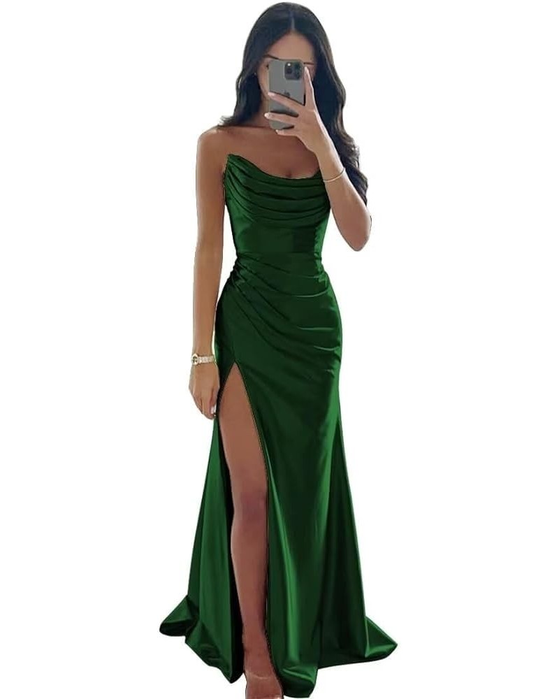 Strapless Satin Prom Dresses 2024 Cowl Neck Formal Dresses Mermaid Evening Party Gown with Slit Emerald Green $32.66 Dresses