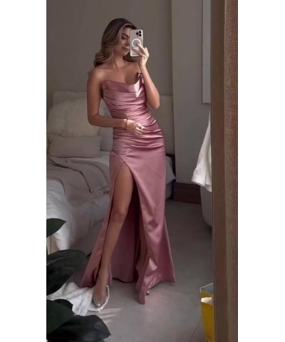 Strapless Satin Prom Dresses 2024 Cowl Neck Formal Dresses Mermaid Evening Party Gown with Slit Emerald Green $32.66 Dresses