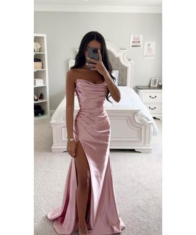 Strapless Satin Prom Dresses 2024 Cowl Neck Formal Dresses Mermaid Evening Party Gown with Slit Emerald Green $32.66 Dresses