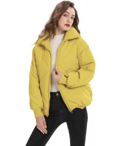 Women's Winter Puffer Jacket Quilted Cropped Long Sleeve Full Zipper with Pocketed Warm Jacket Yellow $8.09 Jackets