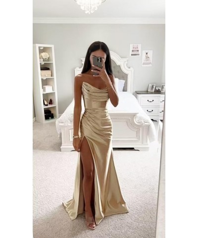 Strapless Satin Prom Dresses 2024 Cowl Neck Formal Dresses Mermaid Evening Party Gown with Slit Emerald Green $32.66 Dresses