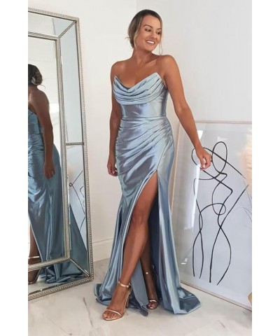 Strapless Satin Prom Dresses 2024 Cowl Neck Formal Dresses Mermaid Evening Party Gown with Slit Emerald Green $32.66 Dresses