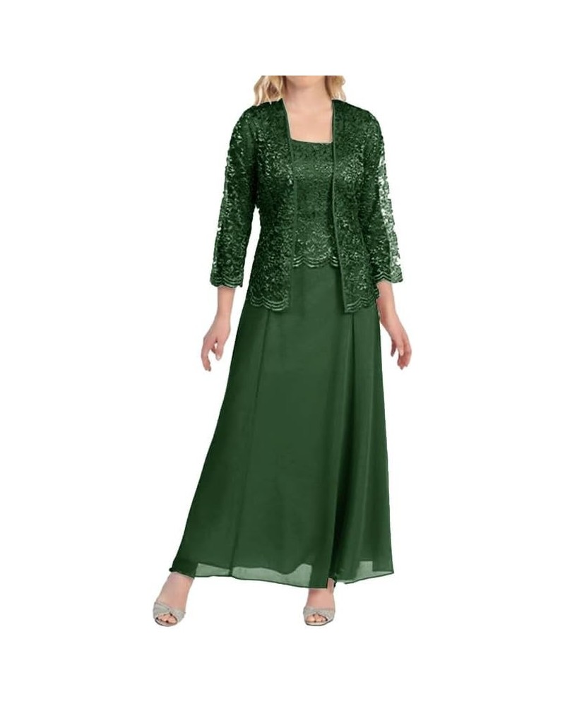 Mother of The Bride Dresses with Jacket 2 Piece Wedding Guest Dress Lace Ruffles Chiffon Dark Green $33.57 Dresses