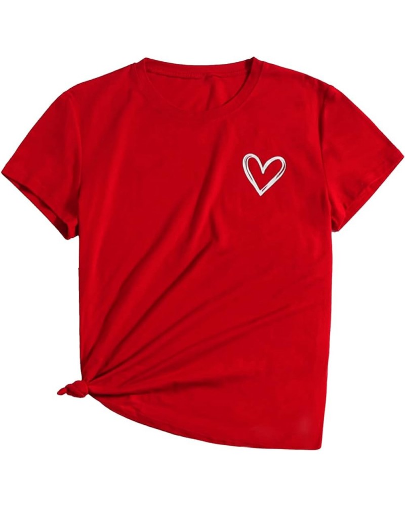 Women's Heart Print T Shirts Summer Funny Short Sleeve Tops Dark Red Heart $10.50 Tops