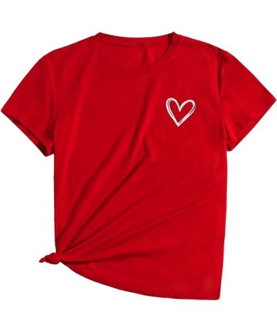 Women's Heart Print T Shirts Summer Funny Short Sleeve Tops Dark Red Heart $10.50 Tops