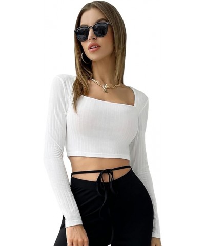 Women's Long Sleeve Square Neck Slim Fit Knit Crop Top Tee Shirt Plain White $9.89 T-Shirts