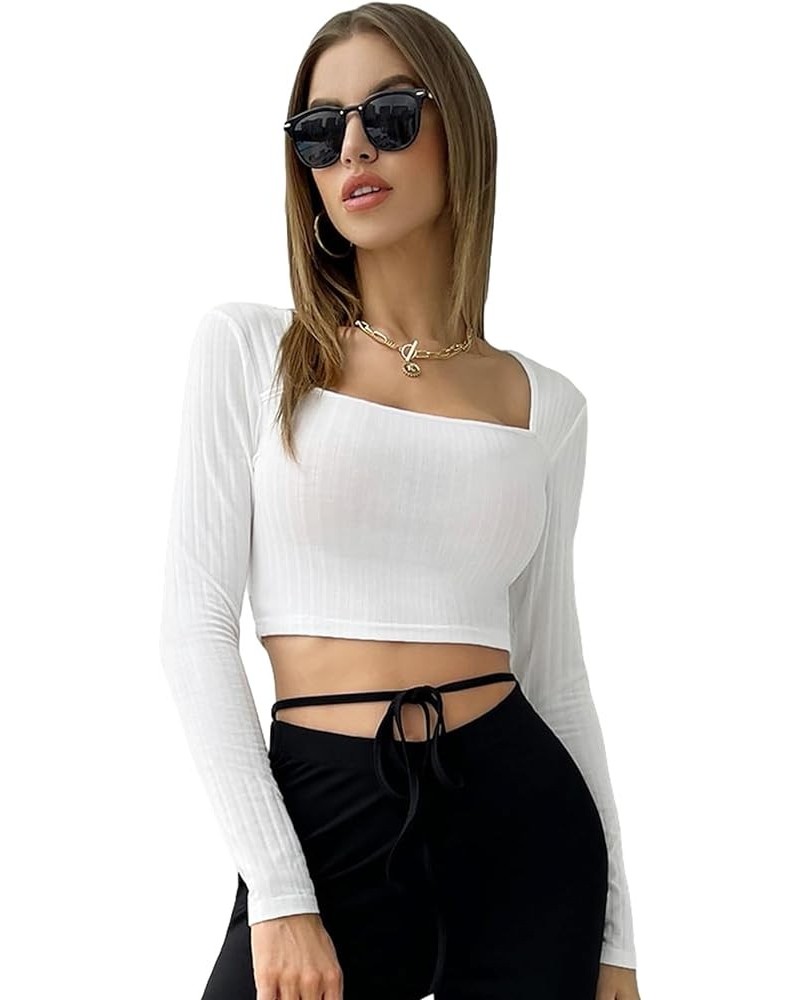 Women's Long Sleeve Square Neck Slim Fit Knit Crop Top Tee Shirt Plain White $9.89 T-Shirts