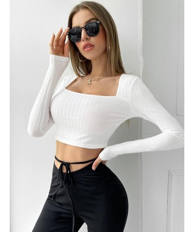 Women's Long Sleeve Square Neck Slim Fit Knit Crop Top Tee Shirt Plain White $9.89 T-Shirts