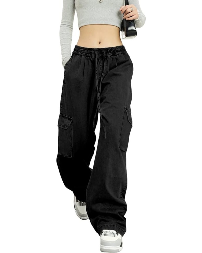 Womens 6 Pockets High Waisted Wide Leg Cargo Pants Baggy Casual Combat Military Pants Black $14.49 Pants