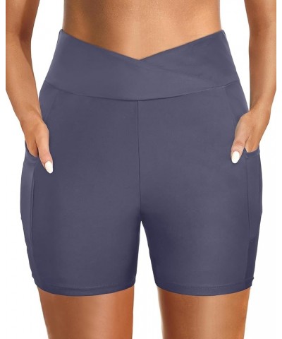 Women Swim Shorts High Waisted Swimsuit Bottoms 4" Cross Waist Boy Shorts with Pocket Biker Shorts Grey $9.84 Swimsuits