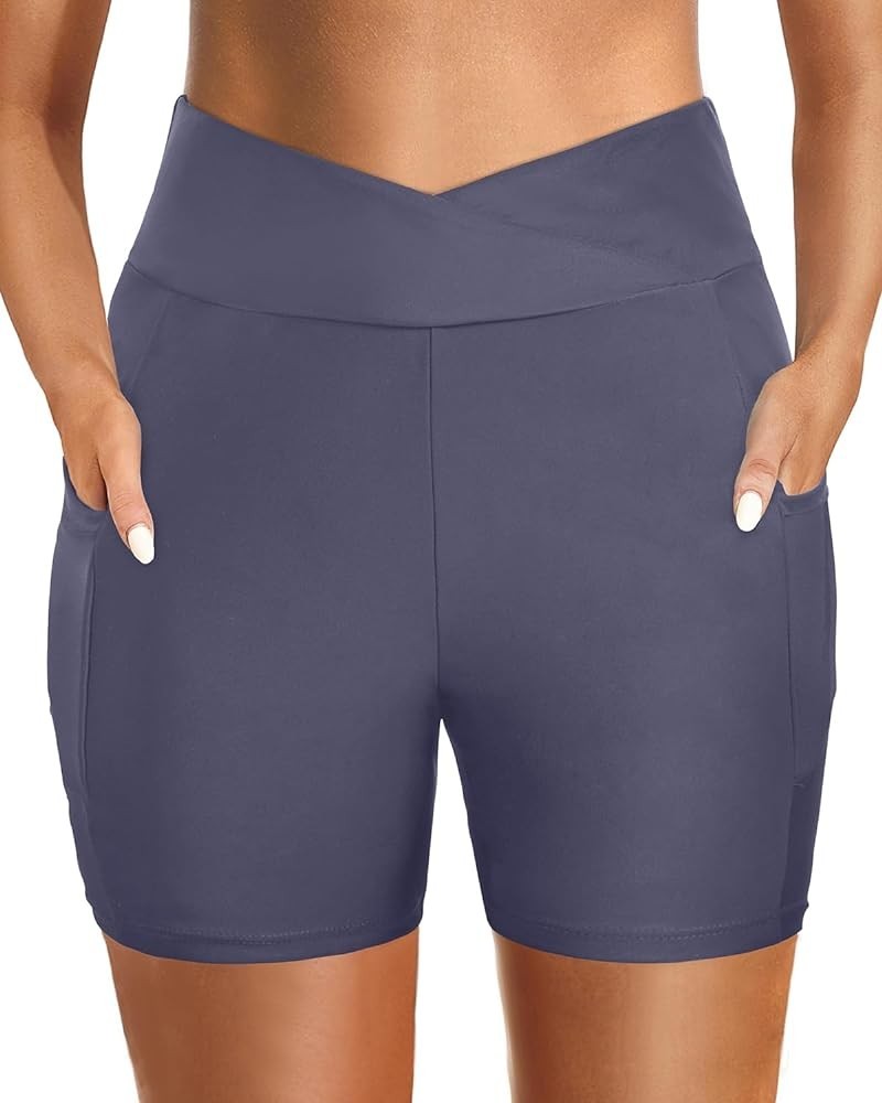 Women Swim Shorts High Waisted Swimsuit Bottoms 4" Cross Waist Boy Shorts with Pocket Biker Shorts Grey $9.84 Swimsuits