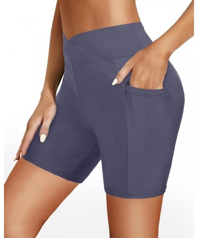 Women Swim Shorts High Waisted Swimsuit Bottoms 4" Cross Waist Boy Shorts with Pocket Biker Shorts Grey $9.84 Swimsuits