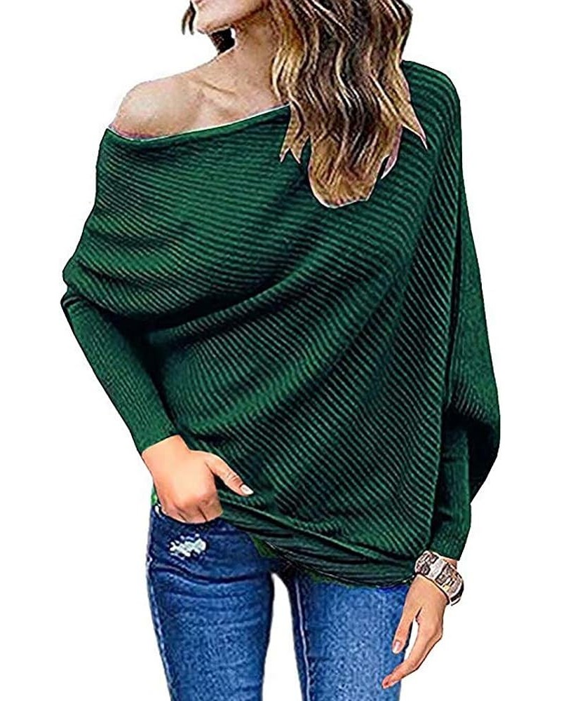 Womens Off Shoulder Loose Pullover Sweater Batwing Sleeve Knit Jumper Oversized Tunic Tops Dark Green $14.70 Sweaters