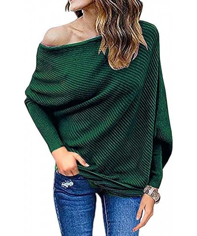 Womens Off Shoulder Loose Pullover Sweater Batwing Sleeve Knit Jumper Oversized Tunic Tops Dark Green $14.70 Sweaters