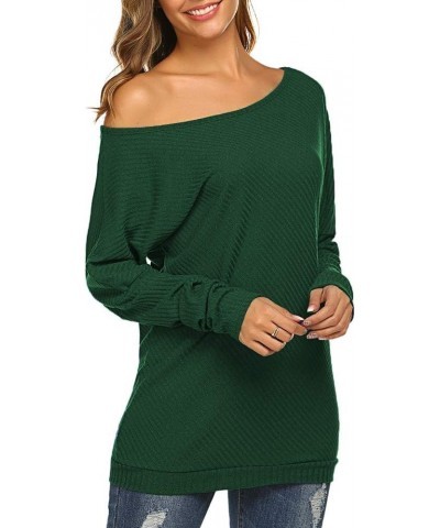 Womens Off Shoulder Loose Pullover Sweater Batwing Sleeve Knit Jumper Oversized Tunic Tops Dark Green $14.70 Sweaters