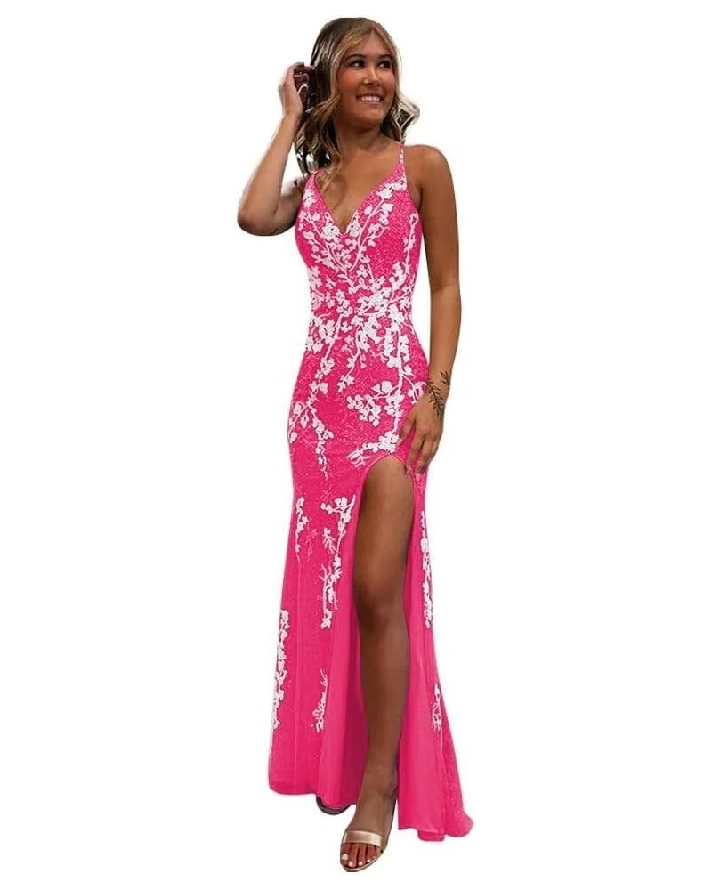 Women's Mermaid Spaghetti Straps Lace Prom Dresses Long Appliques Backless Formal Evening Gowns SE100 Hot Pink $32.40 Dresses