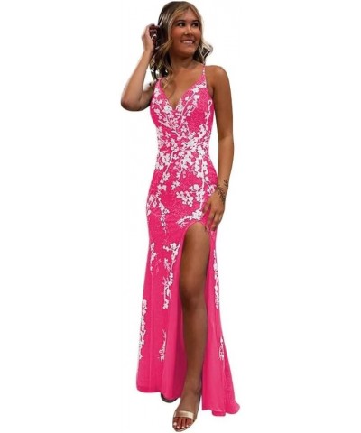 Women's Mermaid Spaghetti Straps Lace Prom Dresses Long Appliques Backless Formal Evening Gowns SE100 Hot Pink $32.40 Dresses