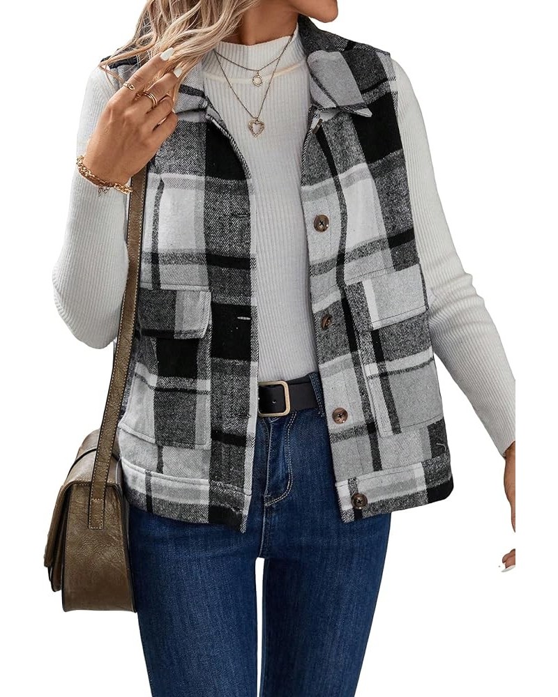 Women's Casual Plaid Vest Jacket Sleeveless Button Down Collar Neck Vest Coat Outerwear Black and White $13.95 Vests