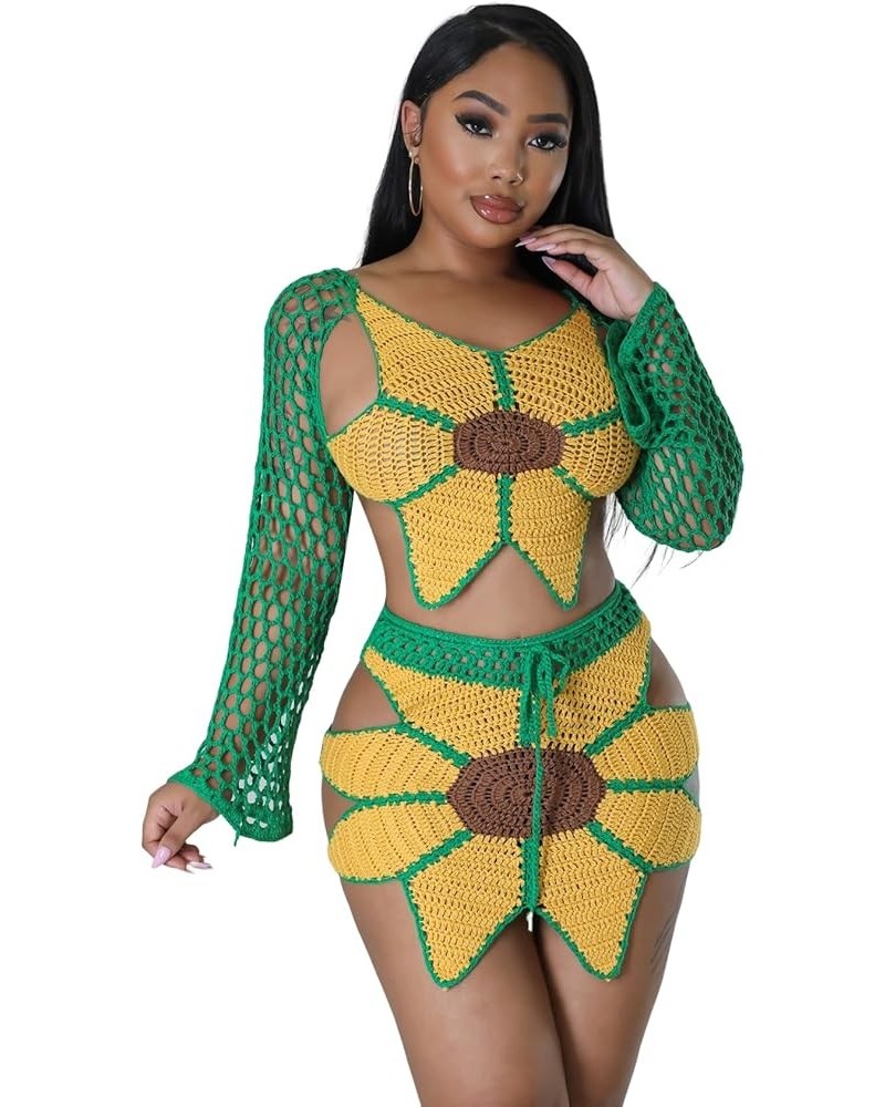 Women Sexy Beach Coverups Summer 2 Piece Outfits Crochet Mesh Fishnet Bikini Top and Maxi Skirt Set Q Yellow Green $21.53 Swi...