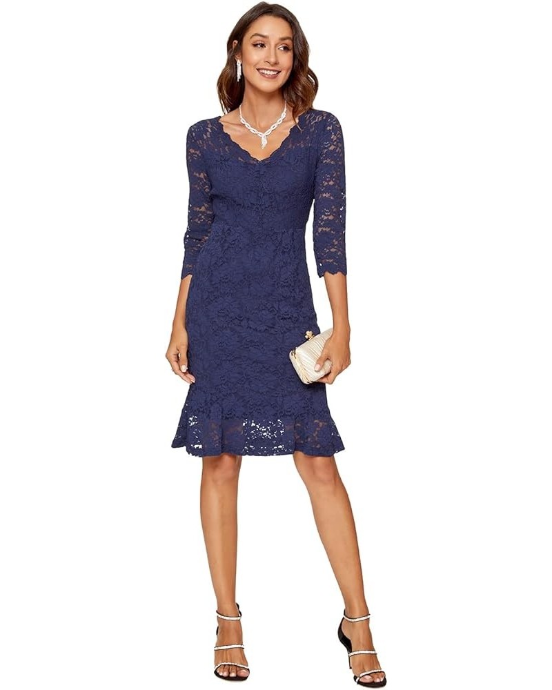 Womens Lace Floral Overlay Sexy V Neck Evening Cocktail Party Mermaid Bodycon Dresses Navy Blue $22.87 Dresses