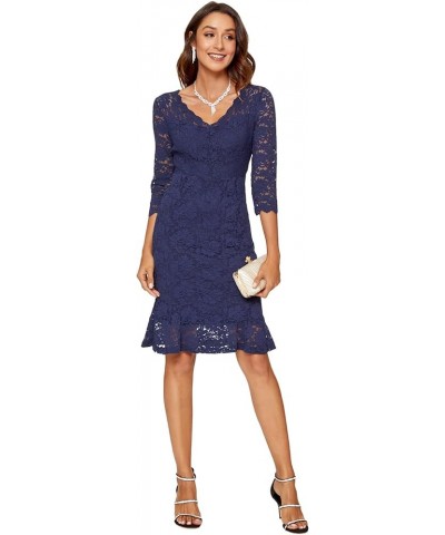 Womens Lace Floral Overlay Sexy V Neck Evening Cocktail Party Mermaid Bodycon Dresses Navy Blue $22.87 Dresses