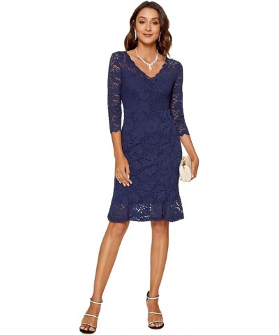 Womens Lace Floral Overlay Sexy V Neck Evening Cocktail Party Mermaid Bodycon Dresses Navy Blue $22.87 Dresses