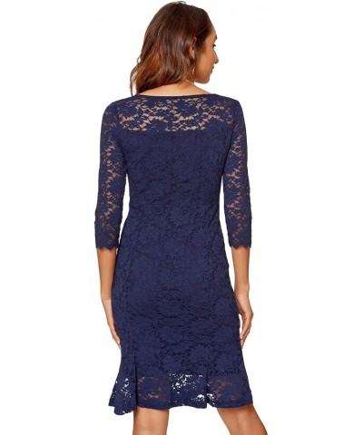 Womens Lace Floral Overlay Sexy V Neck Evening Cocktail Party Mermaid Bodycon Dresses Navy Blue $22.87 Dresses