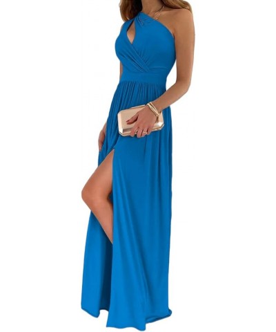 Women's One Shoulder High Split Cutout Sleeveless Elegant Sexy Cocktail Maxi Dress Blue $35.39 Dresses