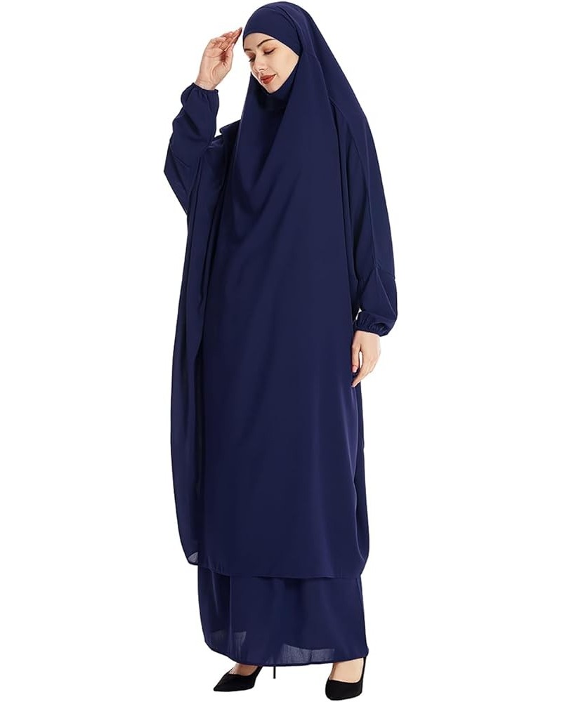 Women Muslim Prayer Dress 2pcs Sets Khimar Bat Sleeve Lightweight Abaya Soft Breathable Hijab Blue $24.77 Dresses