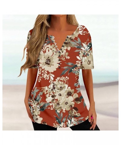 Women Shirts Casual Henley Button Down Blouses Short Sleeve Marble Print Tunic Tops V Neck Summer Aesthetic Clothes Ar593-red...