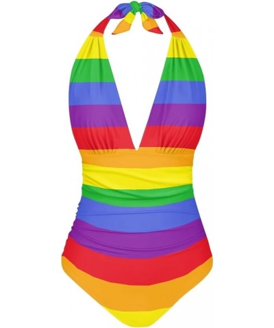 Swimsuits for Women One Piece Tummy Control V-Neck Halter High Cut Bathing Suits Vacation Swimwear Rainbow Striped $15.19 Swi...