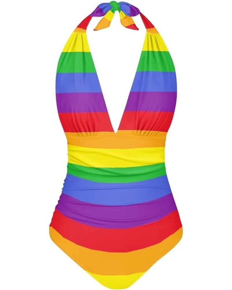 Swimsuits for Women One Piece Tummy Control V-Neck Halter High Cut Bathing Suits Vacation Swimwear Rainbow Striped $15.19 Swi...