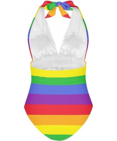 Swimsuits for Women One Piece Tummy Control V-Neck Halter High Cut Bathing Suits Vacation Swimwear Rainbow Striped $15.19 Swi...