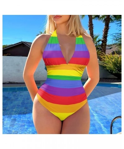 Swimsuits for Women One Piece Tummy Control V-Neck Halter High Cut Bathing Suits Vacation Swimwear Rainbow Striped $15.19 Swi...